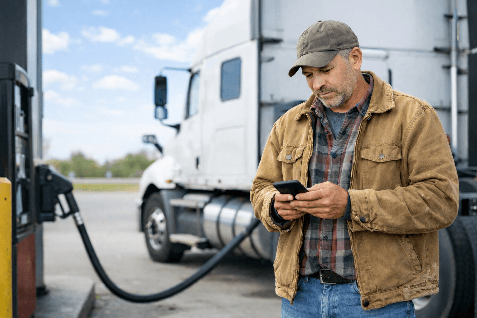 CDL driver typing on his phone at a truck-stop fuel island, his semi-truck visible behind him.